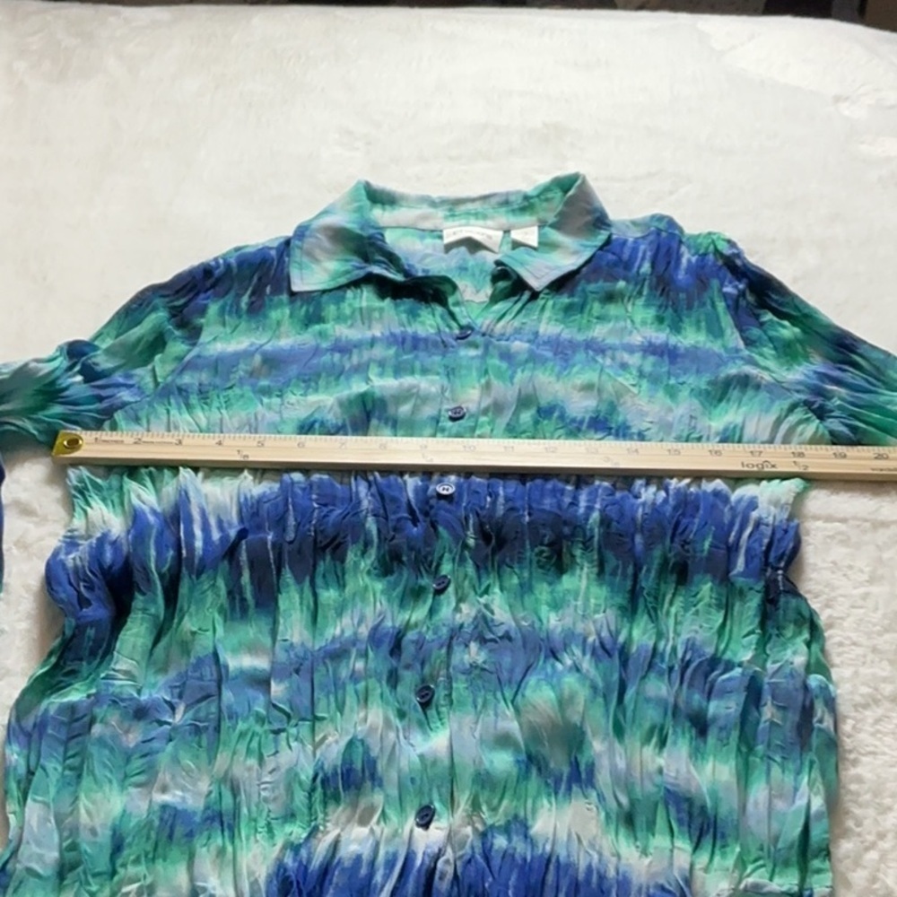 Chico's Blue and Green Ruched Button Down SunBlouse - Picture 3 of 5